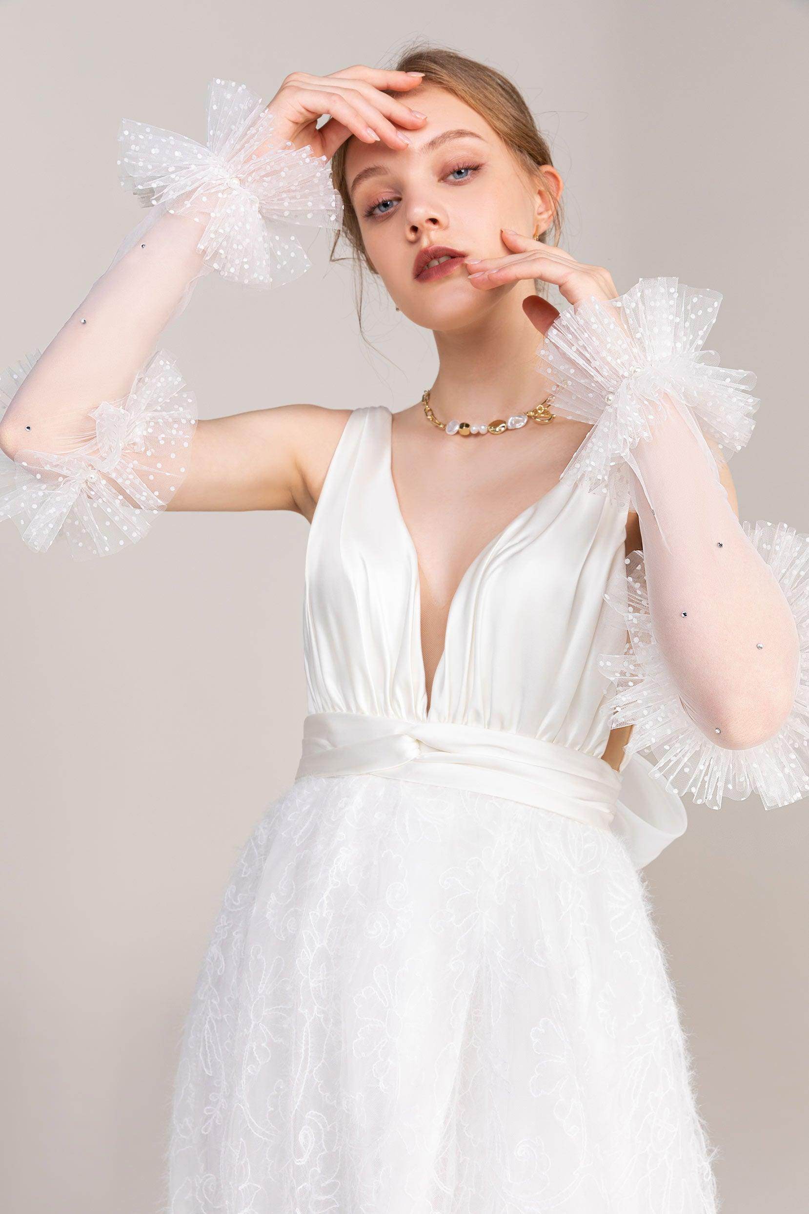 Fingerless Opera Length Tulle Wedding Gloves Beading CD0065 - COCOMELODY